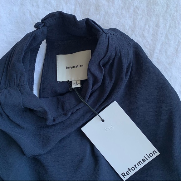 NWT Reformation Tilda High Mock Neck Long Sleeve Slit Maxi Dress Gown Navy Blue - Picture 10 of 14